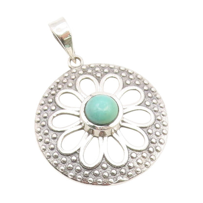 925 Sterling Silver Vintage Pendant Round Turquoise Floral Cutout Charm  PT25984