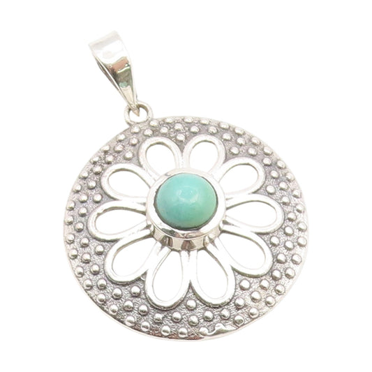 925 Sterling Silver Vintage Pendant Round Turquoise Floral Cutout Charm  PT25984