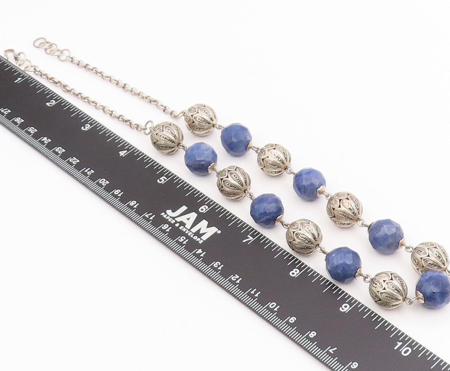 925 Sterling Silver Vintage Necklace Lapis Lazuli Beaded Bohemian Chain  NE4757