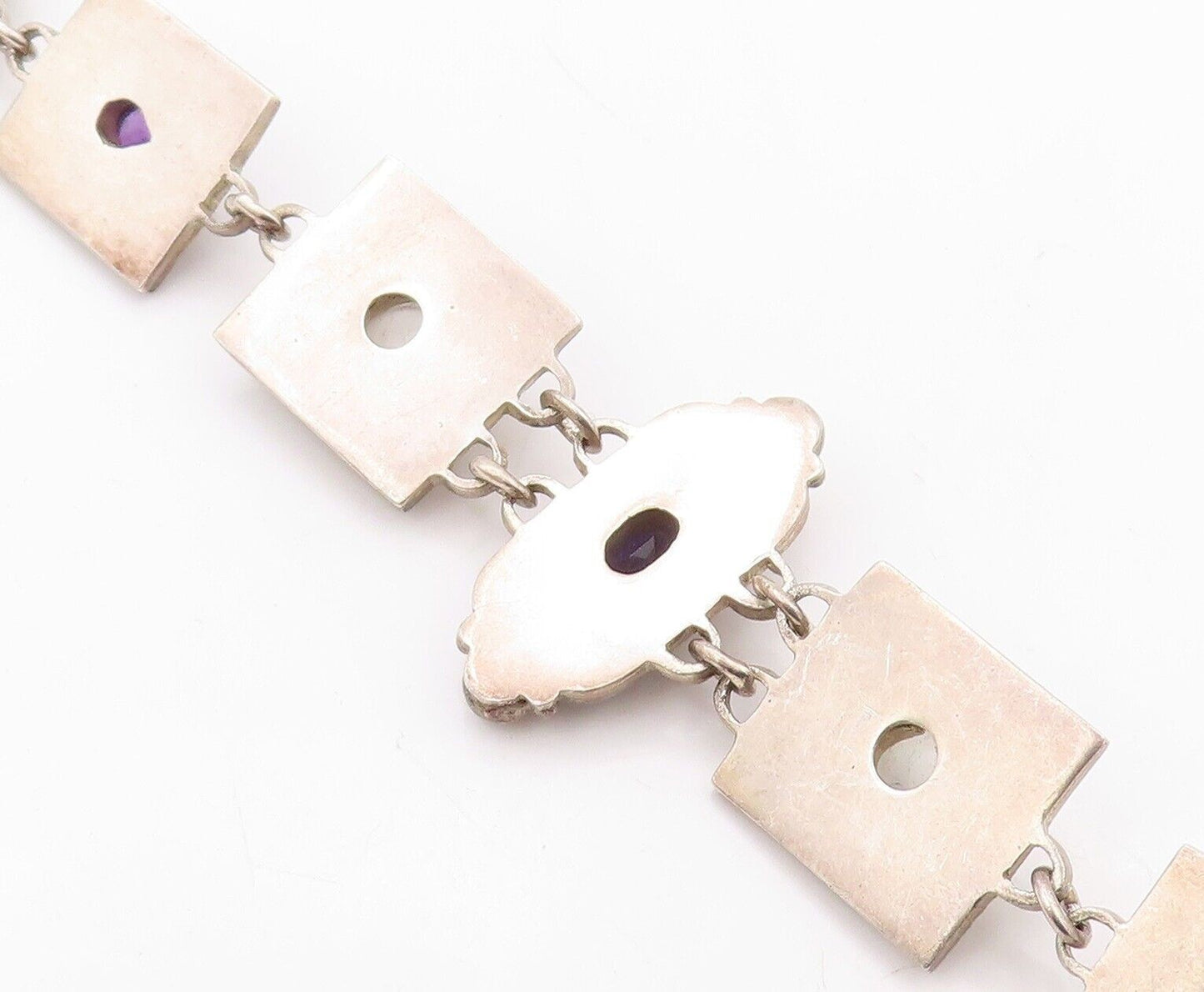 925 Sterling Silver Vintage Bracelet Antique Swirly Carved Gemstones  BT10804