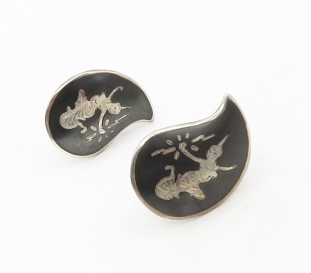 SIAM 925 Silver  Vintage Niello Enamel Dancer Non Pierce Earrings  EG8684