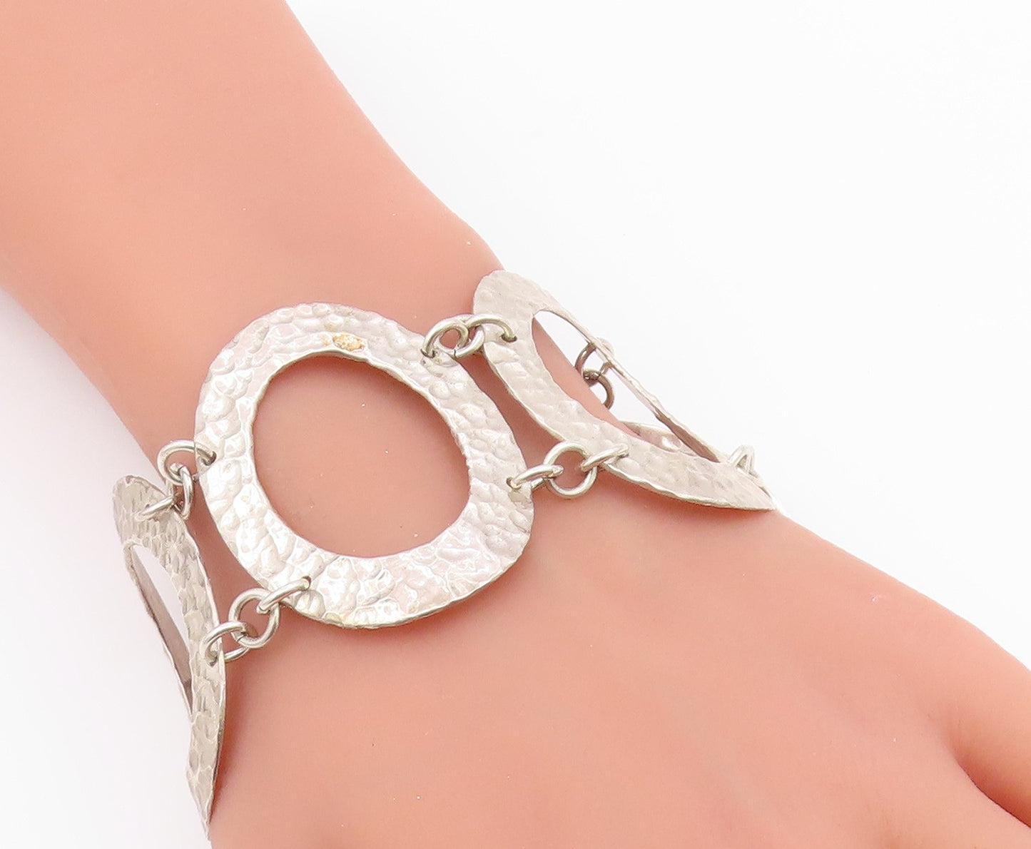 925 Sterling Silver  Vintage Shiny Hammered Oval Link Chain Bracelet  BT3109