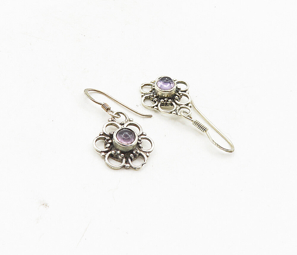 925 Sterling Silver  Vintage Cabochon Amethyst Flower Drop Earrings  EG4912