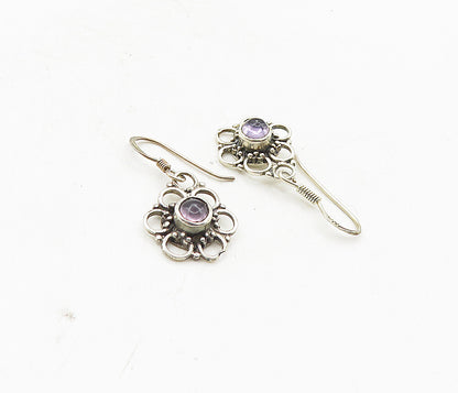 925 Sterling Silver  Vintage Cabochon Amethyst Flower Drop Earrings  EG4912