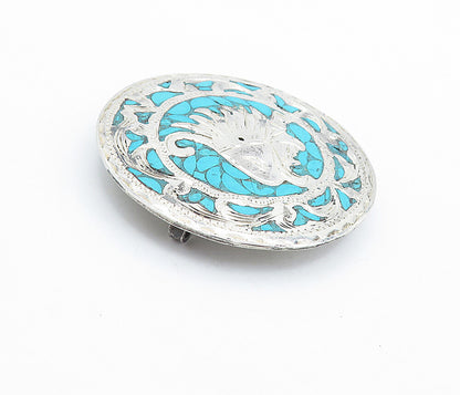 MEXICO 925 Silver  Vintage Handmade Turquoise Mosaic Warrior Brooch Pin BP2508