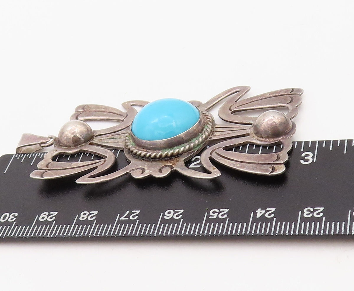925 Sterling Silver Vintage Pendant MEXICO Designer Blue Turquoise Sun  PT23546