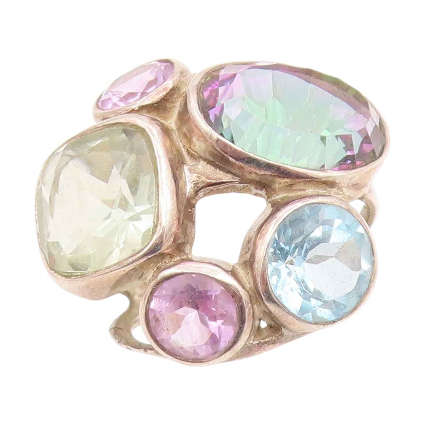 925 Sterling Silver Vintage Ring Bezel Set Multi Gemstone Cluster Sz 6.5 RG34926
