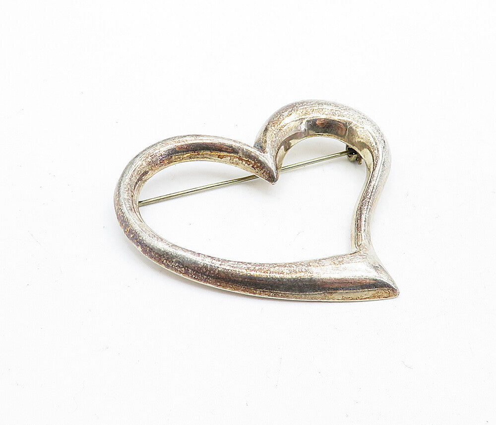 925 Sterling Silver  Vintage Shiny Dark Tone Open Love Heart Brooch Pin BP1991