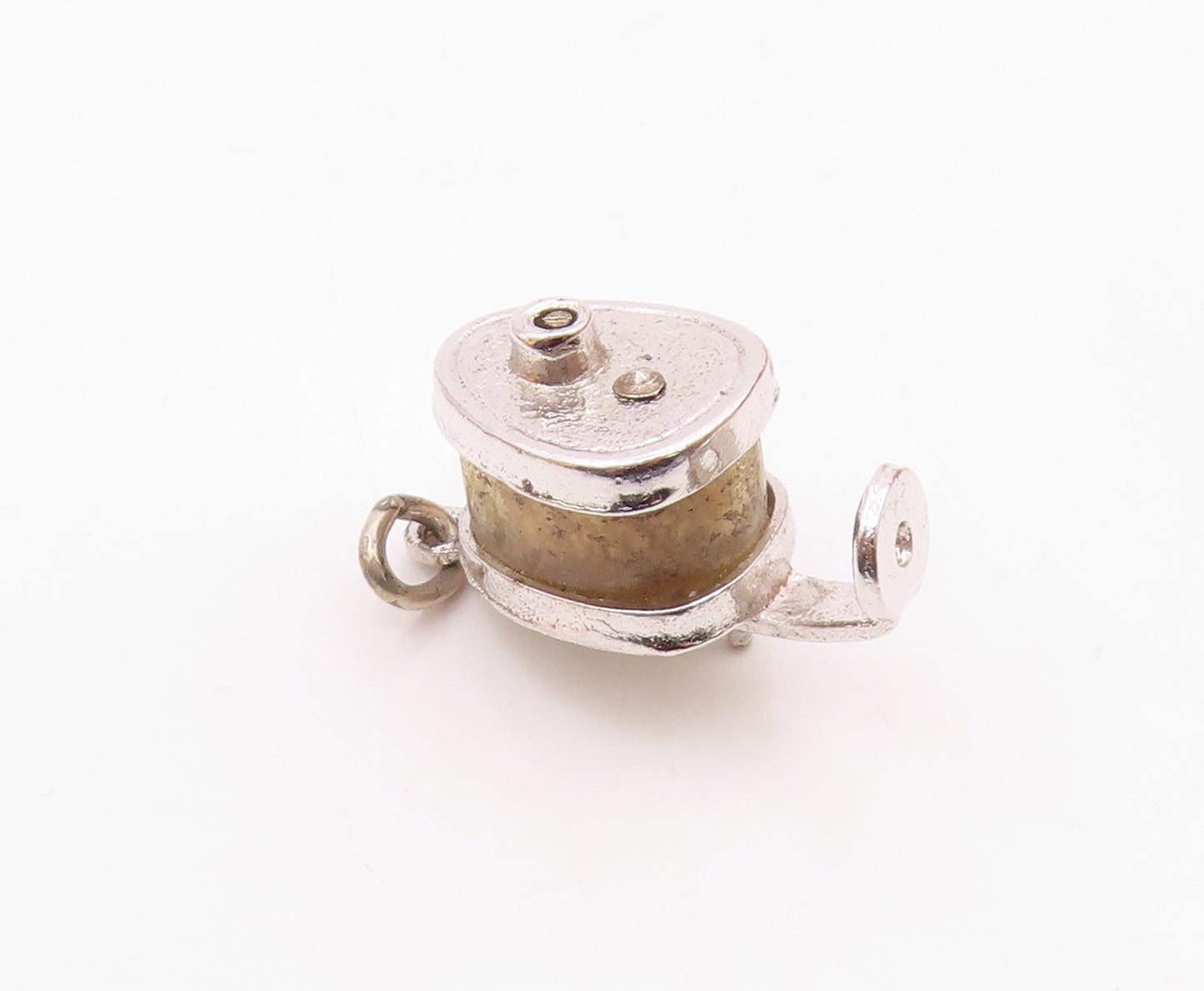 925 Sterling Silver  Vintage Shiny Spinning Fishing Rod Reel Pendant  PT17453