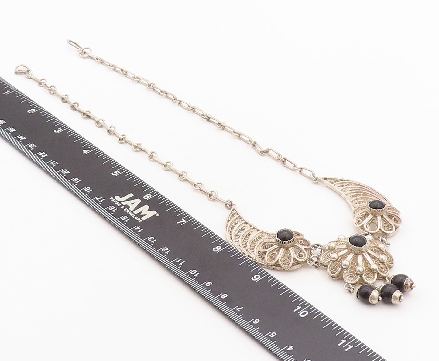 925 Sterling Silver Vintage Necklace Designer Filigree Floral Onyx  NE4306