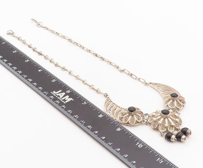 925 Sterling Silver Vintage Necklace Designer Filigree Floral Onyx  NE4306