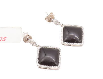 925 Sterling Silver Vintage Earrings Square Cabochon Onyx & CZ Frame  EG12959