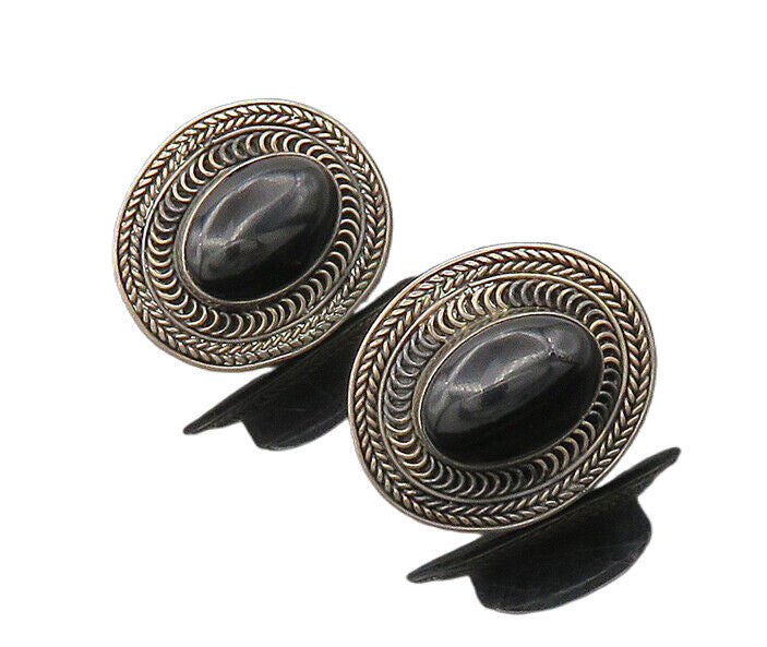 925 Sterling Silver  Vintage Cabochon Black Onyx Wheat Drop Earrings  EG8881