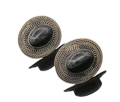 925 Sterling Silver  Vintage Cabochon Black Onyx Wheat Drop Earrings  EG8881