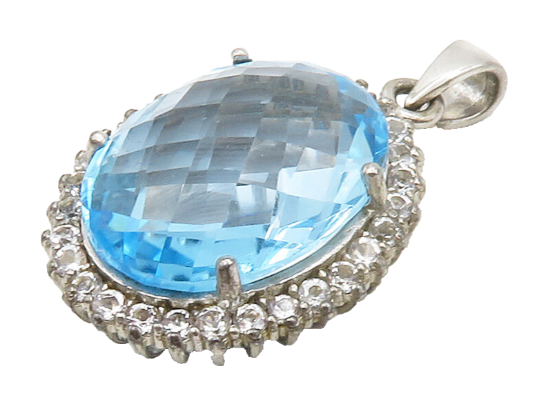 925 Sterling Silver  Faceted Blue & White Topaz Shiny Oval Pendant  PT13131