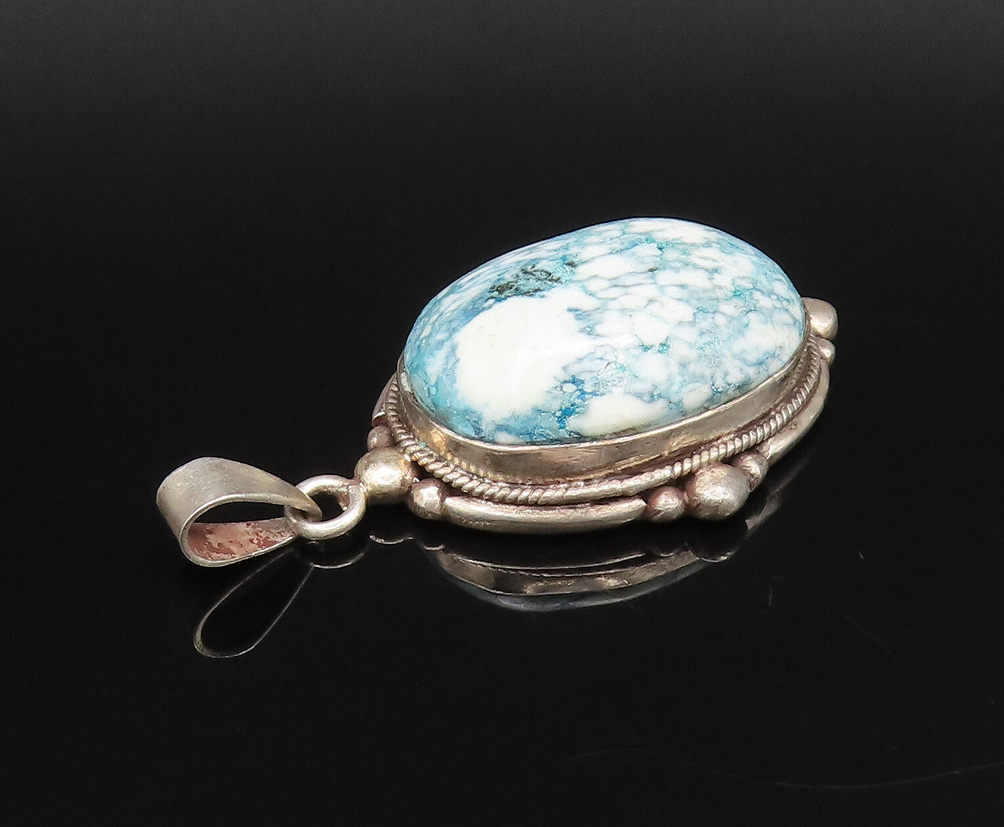 925 Silver  Vintage Bead & Rope Edge Cabochon Blue Spot Jasper Pendant PT21866