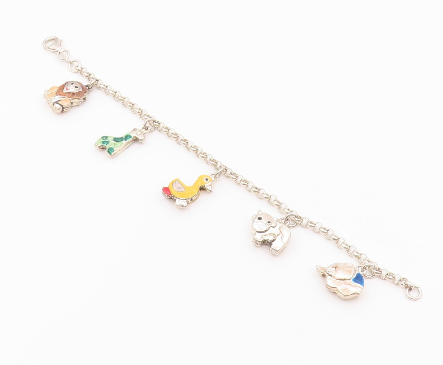 925 Silver  Vintage Lion Giraffe Duck Cow & Elephant Charm Bracelet  BT9333