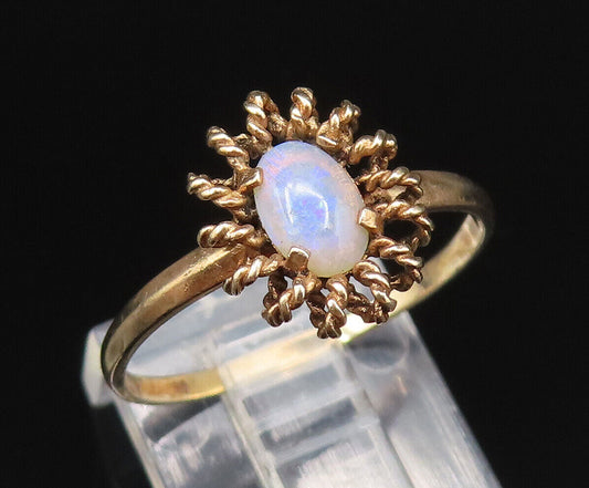 10K GOLD  Vintage Oval Fire Opal Twisted Rope Flower Ring Sz 8  GR517