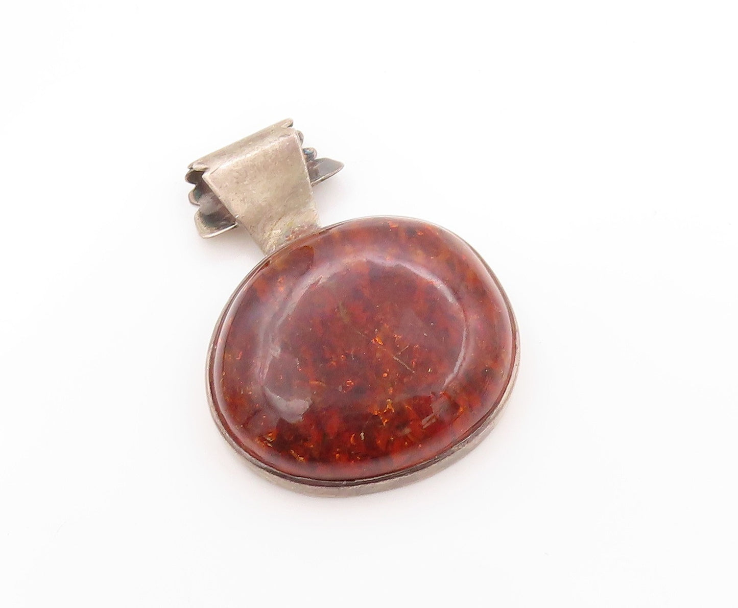 925 Sterling Silver Vintage Pendant Large Round Honey Amber  PT24162