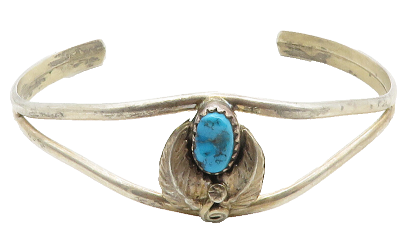 NAVAJO 925 Sterling Silver  Vintage Turquoise Floral Leaf Cuff Bracelet BT4888