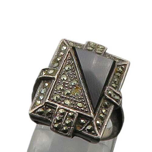 925 Silver  Vintage Black Onyx & Marcasite Petite Cocktail Ring Sz 4  RG21733
