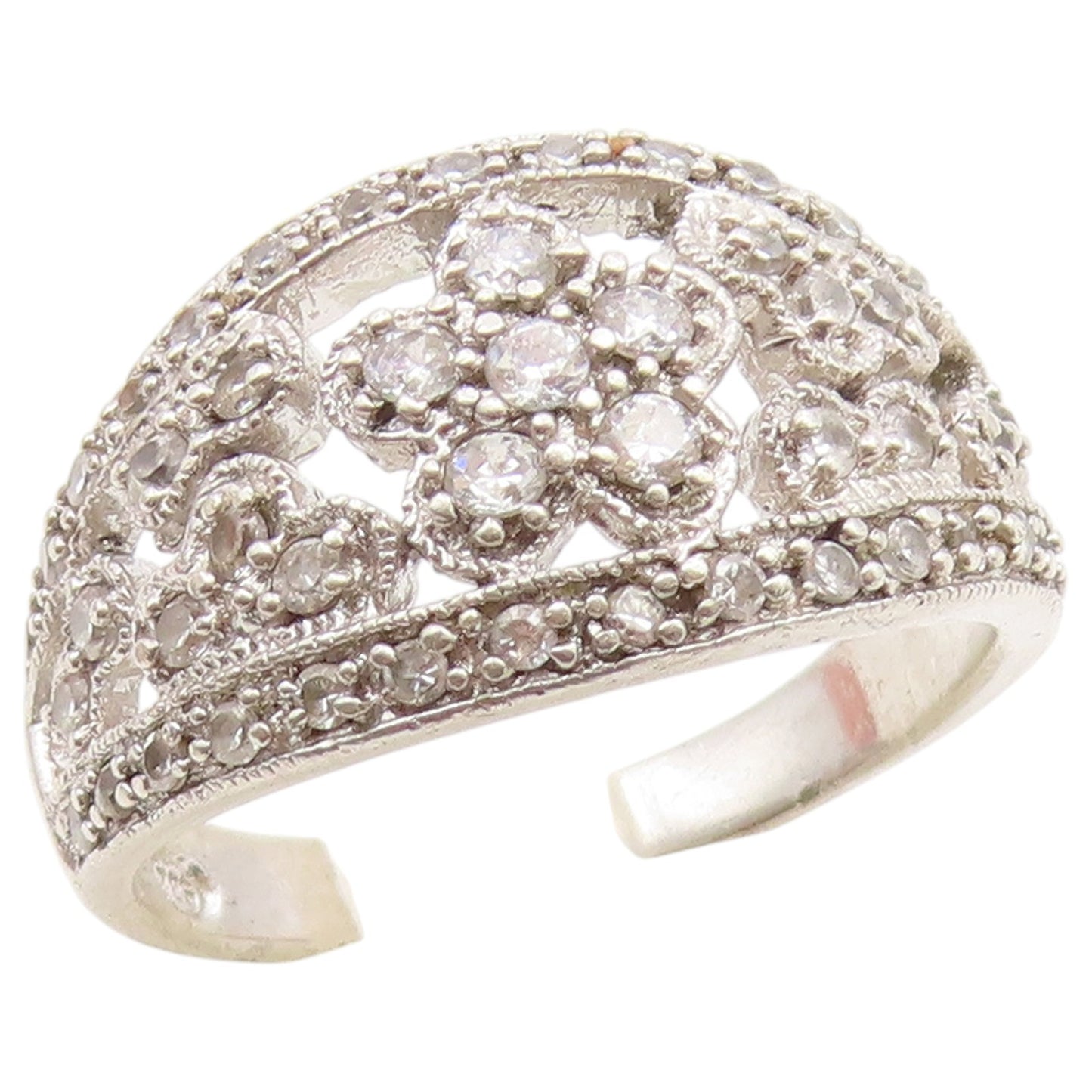 925 Sterling Silver Vintage Ring CZ Open Floral Statement Band  Sz 8  RG36885