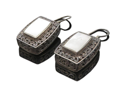 925 Sterling Silver  Vintage Mother Of Pearl Oxidized Dangle Earrings  EG4756