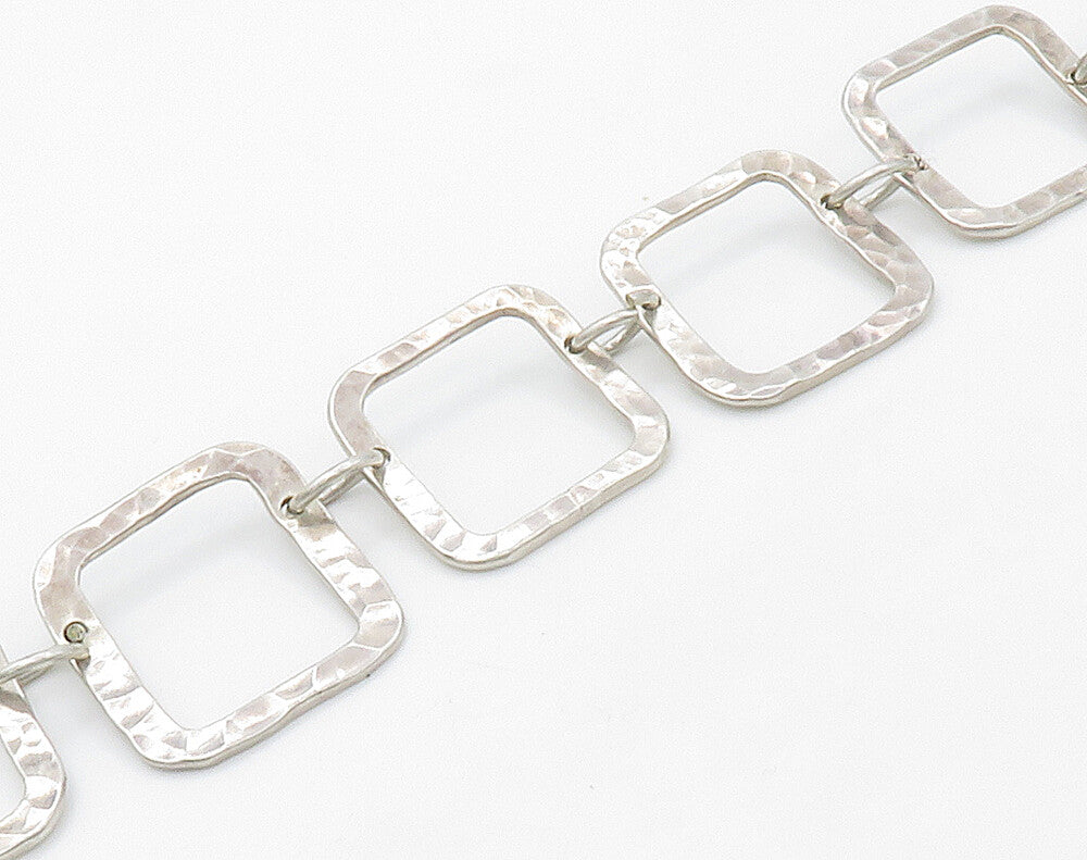 925 Sterling Silver  Vintage Shiny Hammered Open Square Chain Necklace  NE2394