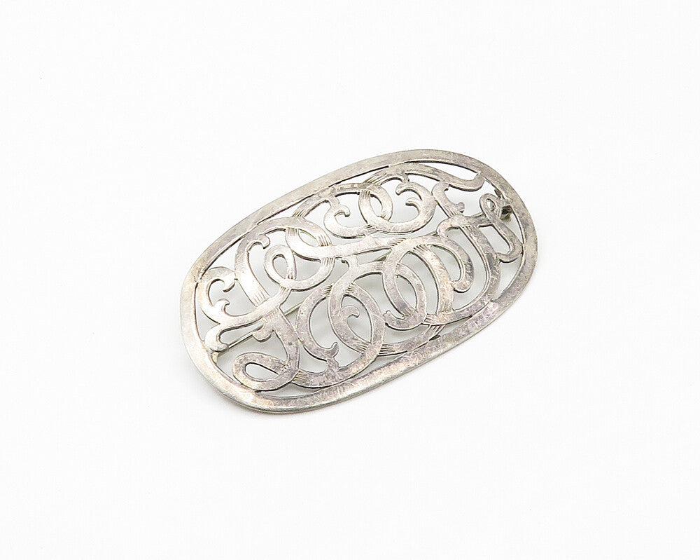 925 Sterling Silver  Vintage Smooth Dark Tone Cutout Swirl Brooch Pin  BP6810