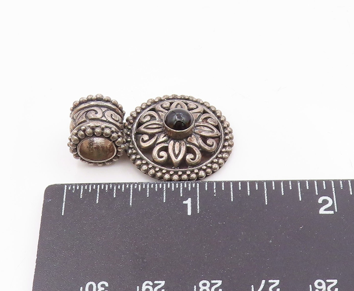 925 Sterling Silver  Vintage Floral Scroll Black Onyx Beaded Pendant  PT20305