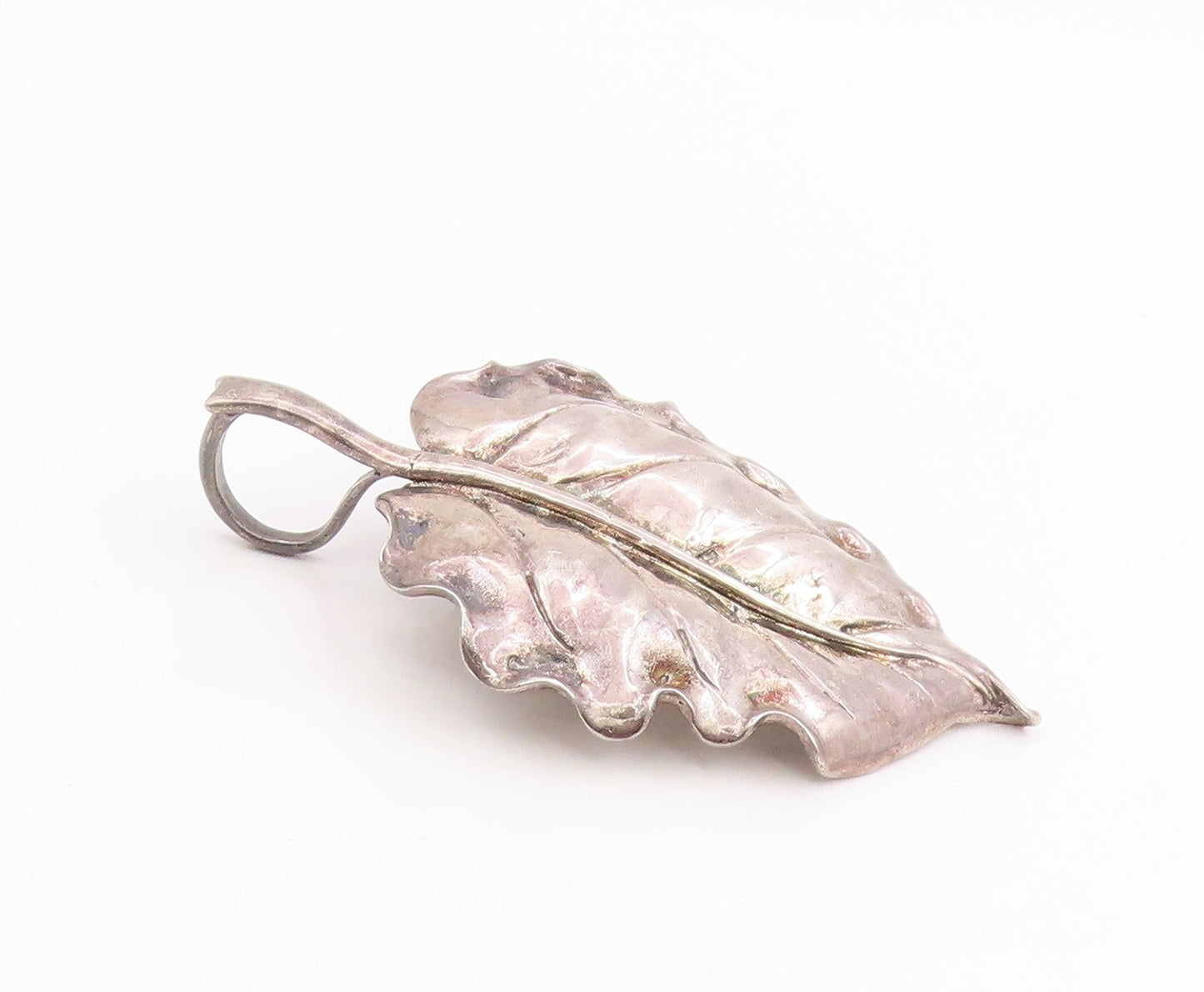 925 Sterling Silver Vintage Pendant Modernist Solid Grape Leaf locket  PT25773