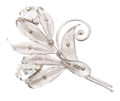 925 Sterling Silver  Vintage Cubic Zirconia Filigree Flower Brooch Pin  BP3004