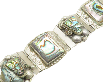 AB MEXICO 925 Silver  Vintage Face Carved Abalone Shell Chain Bracelet  BT7531