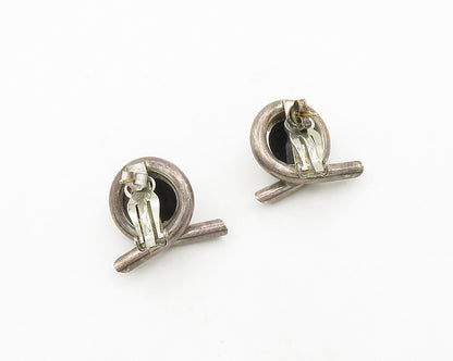 925 Silver & 14K GOLD  Vintage Cabochon Black Onyx Drop Earrings  EG9675