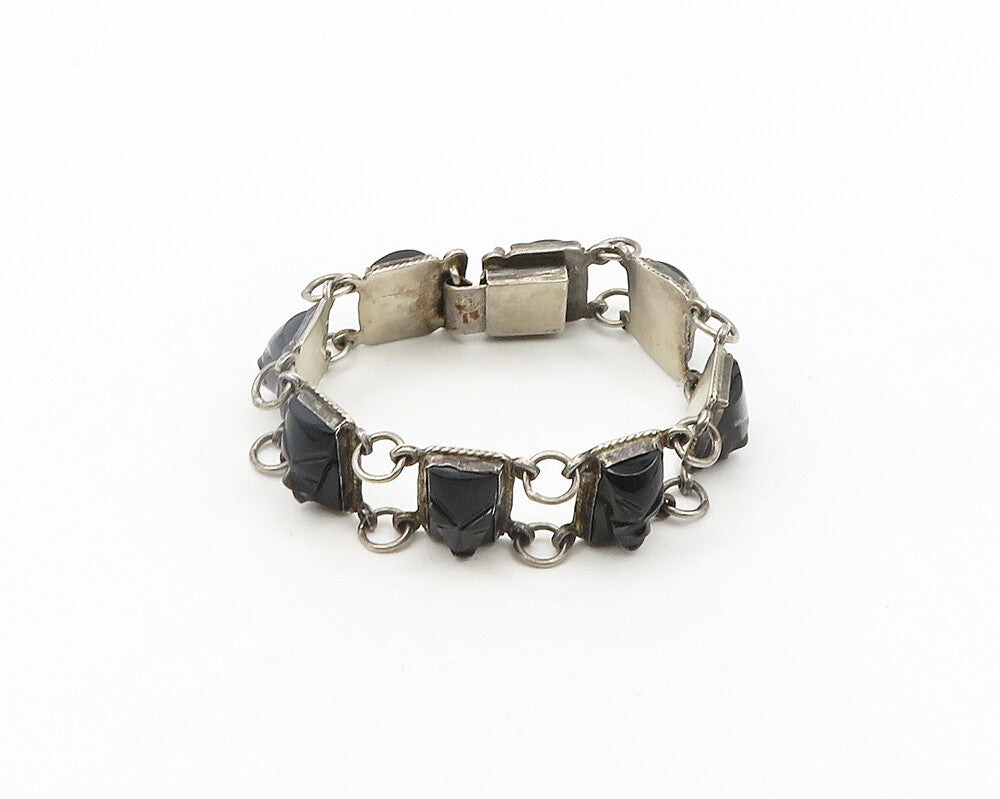 MEXICO 925 Sterling Silver Vintage Face Carved Black Onyx Chain Bracelet  BT7704
