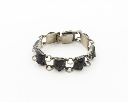 MEXICO 925 Sterling Silver Vintage Face Carved Black Onyx Chain Bracelet  BT7704