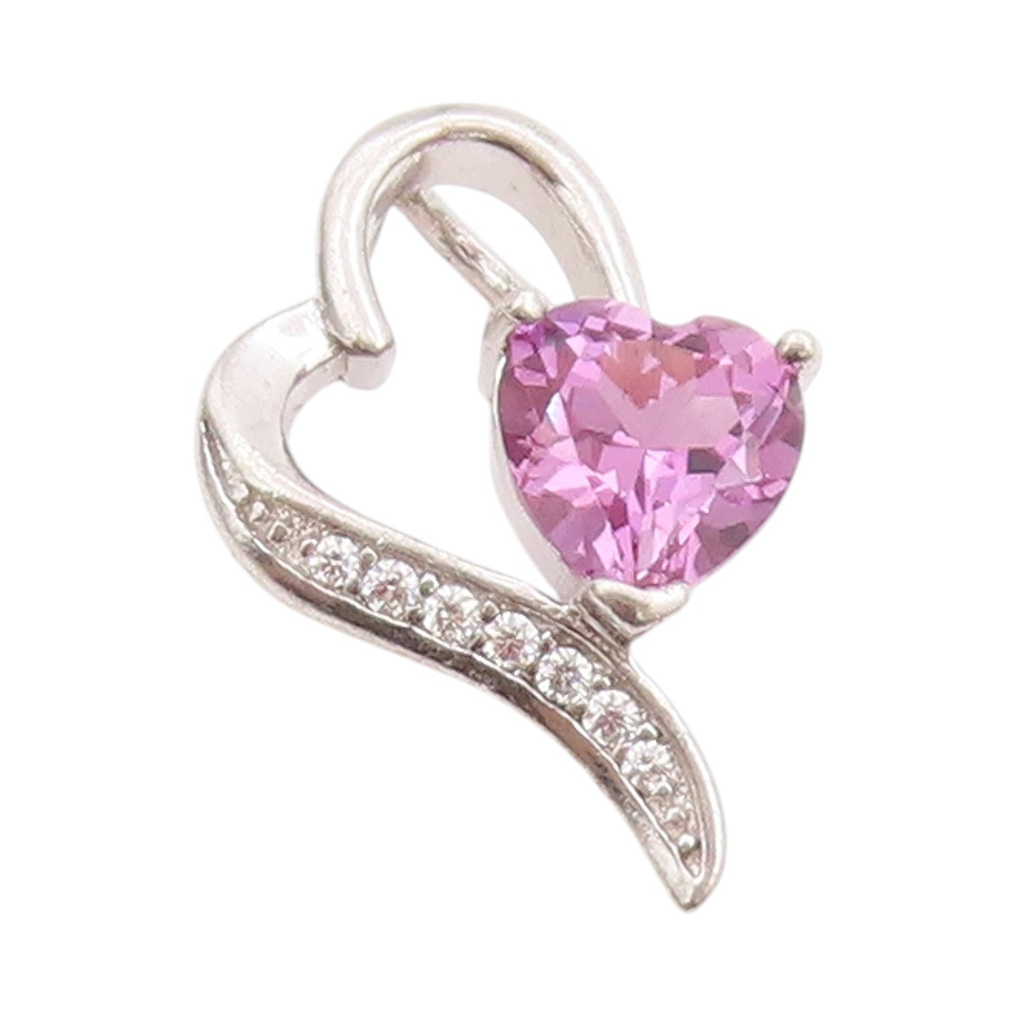 925 Sterling Silver Vintage Pendant Amethyst & CZ Stretched Love Heart  PT24917