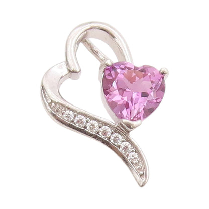 925 Sterling Silver Vintage Pendant Amethyst & CZ Stretched Love Heart  PT24917