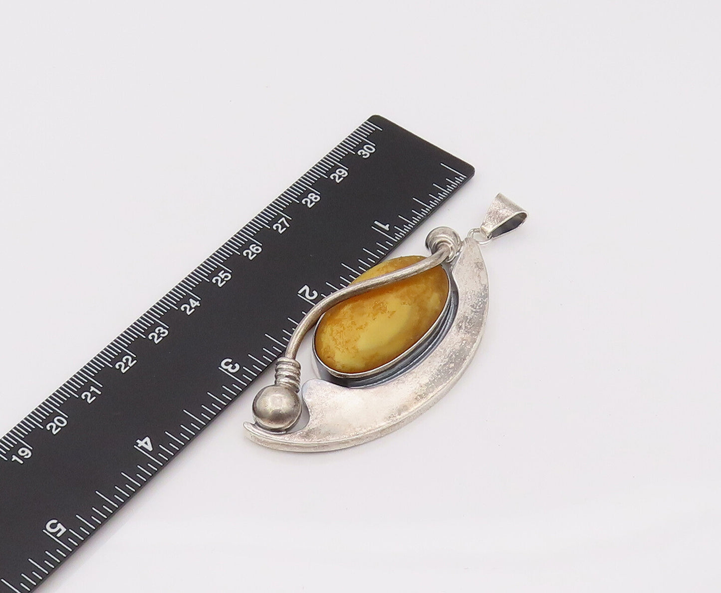 925 Sterling Silver Vintage Large Half Moon Honey Yellow Agate Pendant PT22167