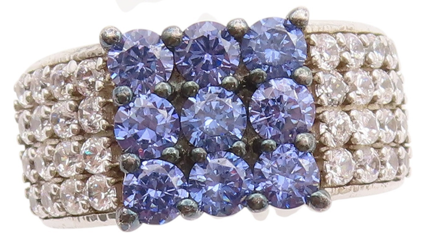 925 Sterling Silver Vintage Ring Modernist Blue & White CZ Inlay  Sz 8  RG32640