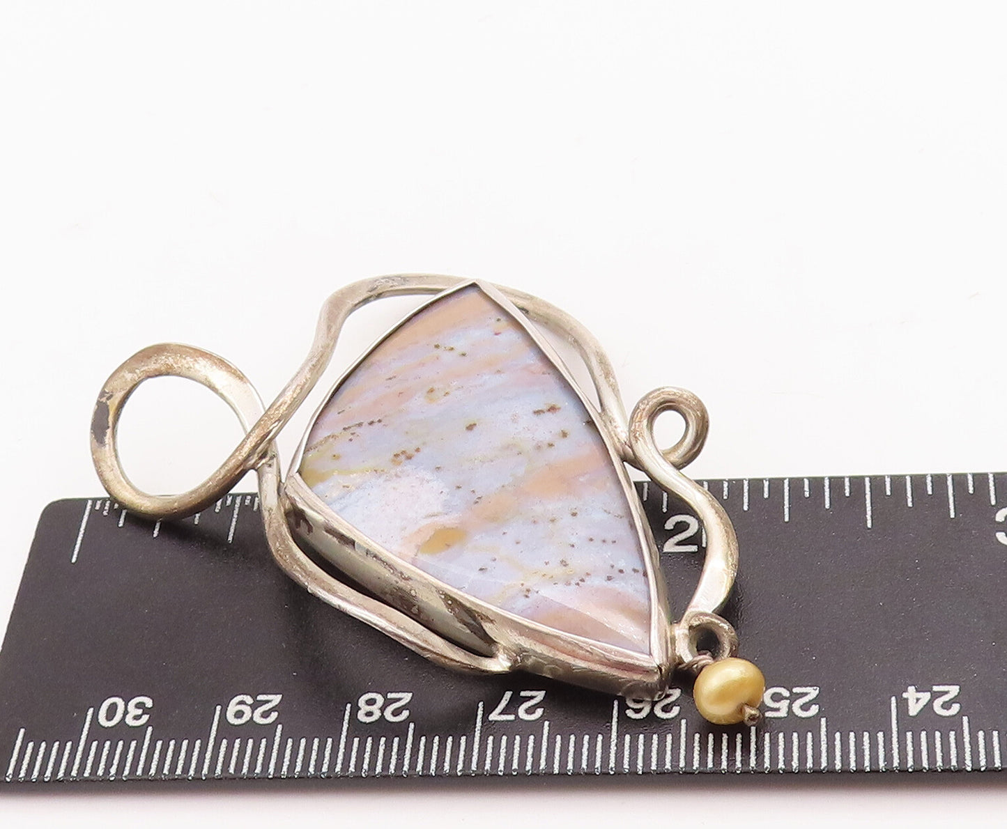 925 Sterling Silver Vintage Pendant Brutalist Designer Marble With Pearl PT22855