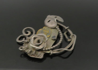 925 Sterling Silver  Vintage Black Onyx Modernist Floral Brooch Pin  BP8828