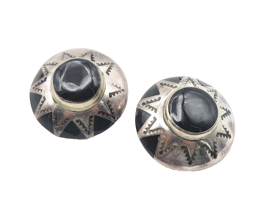 MEXICO 925 Sterling Silver Vintage Black Onyx Etched Sun Drop Earrings EG6047
