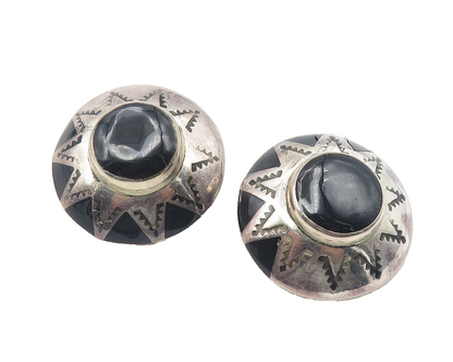 MEXICO 925 Sterling Silver Vintage Black Onyx Etched Sun Drop Earrings EG6047