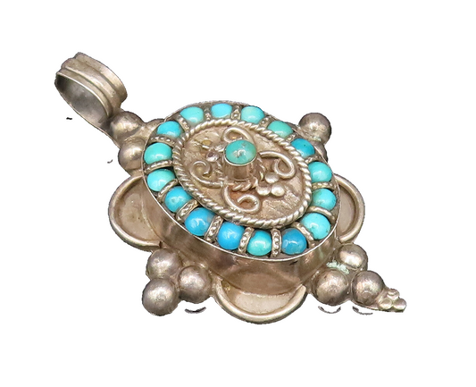 925 Sterling Silver Vintage Beaded & Rope Twist Multi Turquoise Pendant  PT21766
