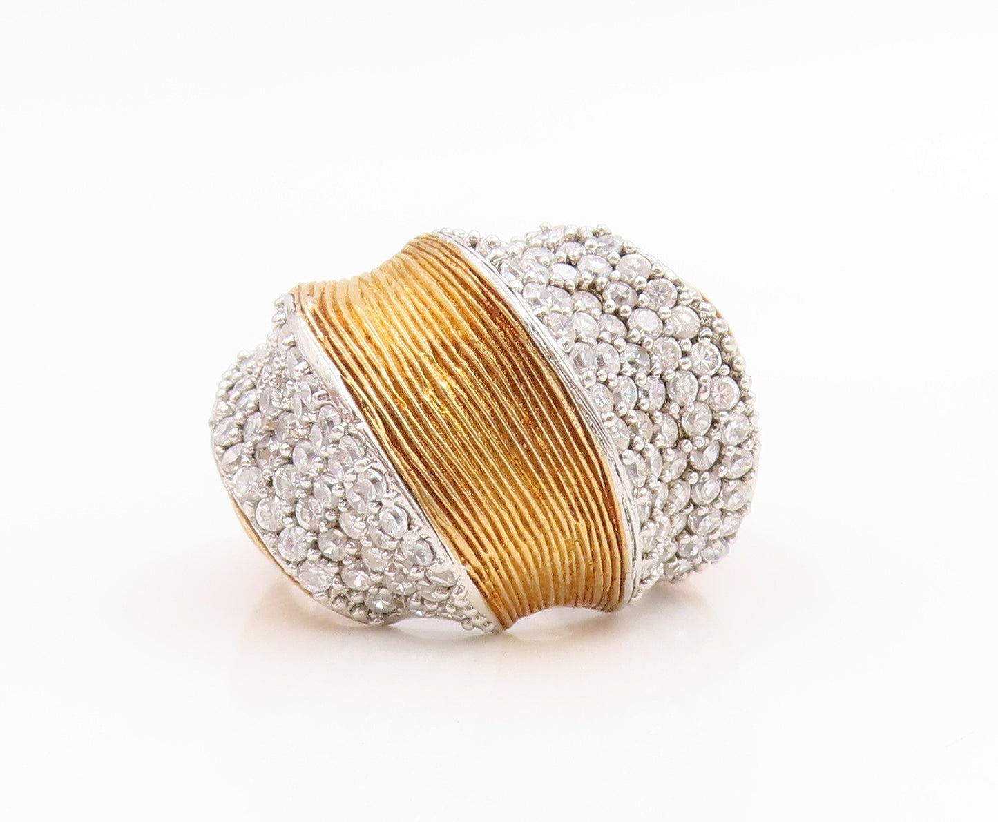 925 Sterling Silver Vintage Ring Two Tone CZ Ribbed Dome Band  Sz 7.5  RG35621