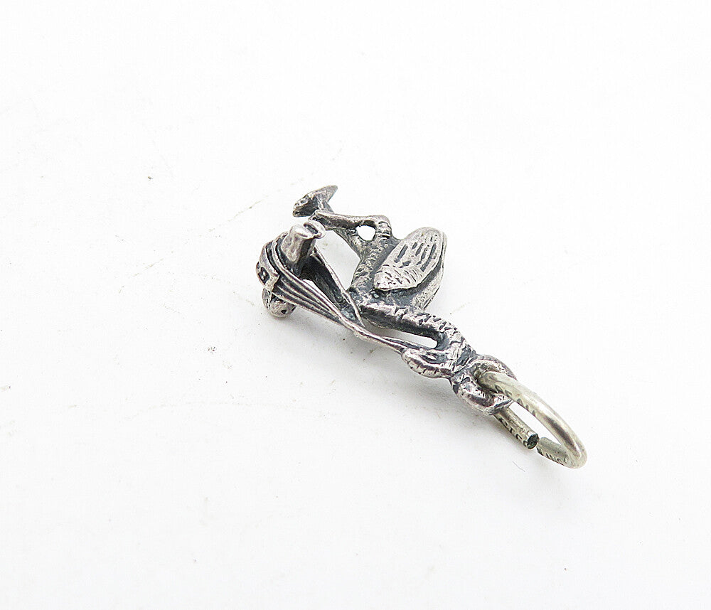 925 Sterling Silver  Vintage Petite Oxidized Stork & Baby Drop Pendant  PT6244
