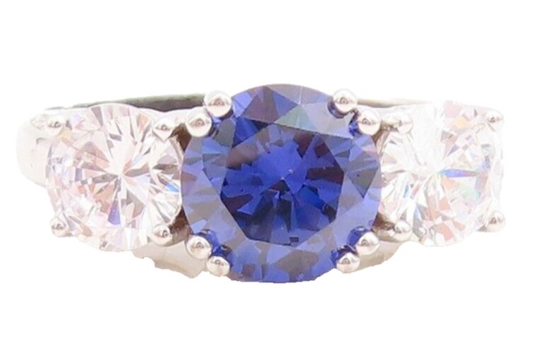 925 Sterling Silver Vintage Ring Round Sapphire & CZ Side Stones Sz 7  RG30112