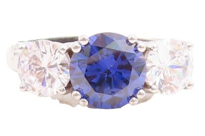 925 Sterling Silver Vintage Ring Round Sapphire & CZ Side Stones Sz 7  RG30112