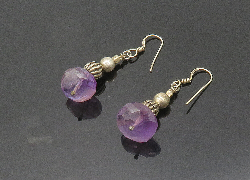 925 Sterling Silver  Vintage Faceted Amethyst Beaded Dangle Earrings  EG10013